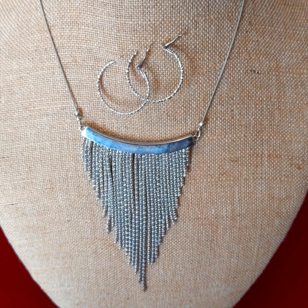 3 for $30 Statement Necklace Silver Bar Dangling Chains and Hoop Earring Set